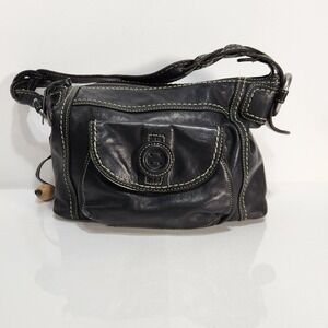 Fossil Handbag Soft‎ Black Leather Stitching Detail Pockets Braided